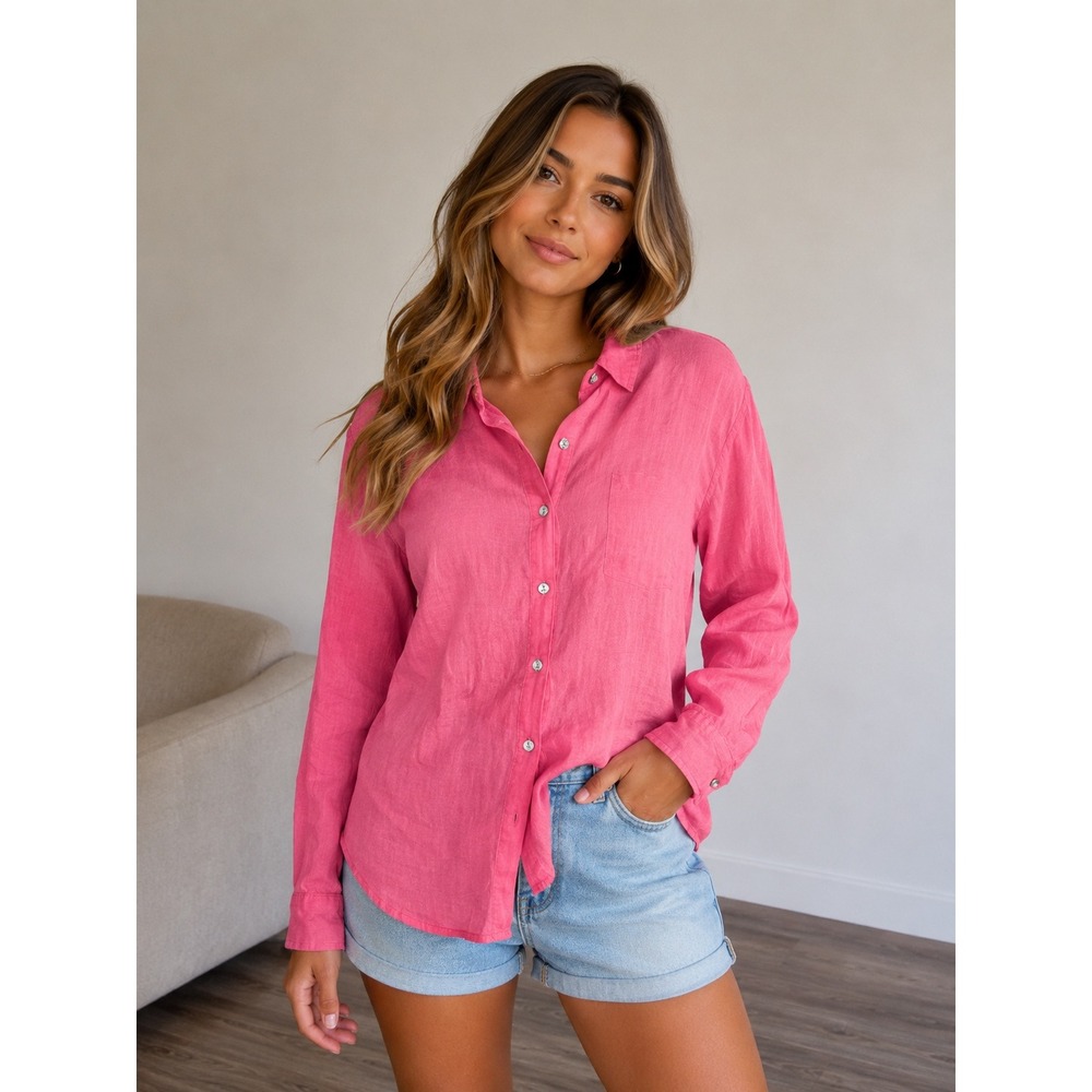 Joie Womens Pink‎ 100% Linen Button Down Long Sleeve Shirt Blouse Size Medium
